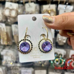 گوشواره استیل شیک دخترانه مدل آویز گرد نگین بنفش  کد GSH151386W