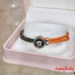 دستبند دخترانه پینترستی استیل مدل بند چرمی ورساچه کد DSB181024W