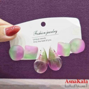 گوشواره زنانه استیل پک 3جفتی مدل شیشه ای رنگی  کد GSH151418W
