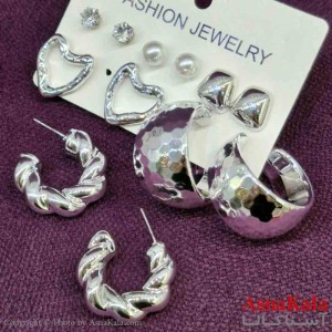 گوشواره زنانه استیل پک 6جفتی مدل مینیمال نقره ای کد GSH151441W