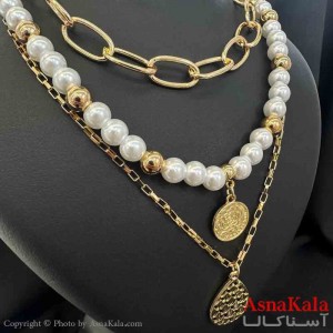 گردنبند دخترانه پینترستی استیل مدل سه لاین مرواریدی کد GNB161547W