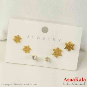 گوشواره زنانه استیل پک 3جفتی مدل برف طلایی  کد GSH151444W