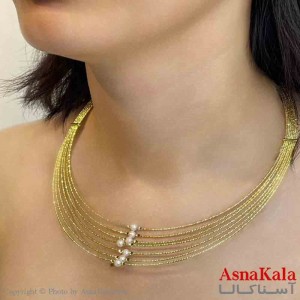 گردنبند طوق دخترانه پینترستی استیل مدل چندلاین مرواریدی رنگ طلایی کد GNB161690W