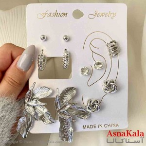 گوشواره زنانه استیل پک 6 جفتی مدل گل و تک نگین فانتزی رنگ نقره ای کد GSH151908W
