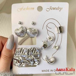 گوشواره زنانه استیل پک 6 جفتی مدل قلب ومستطیل فانتزی رنگ نقره ای کد GSH151909W