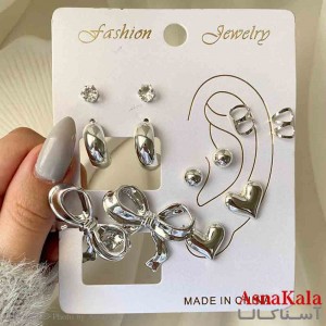 گوشواره زنانه استیل پک 6 جفتی مدل پاپیون و قلب فانتزی رنگ نقره ای کد GSH151911W
