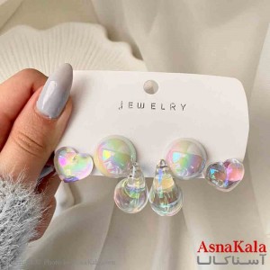 گوشواره زنانه استیل پک 3 جفتی مدل قلب و اشک فانتزی رنگ هلوگرامی کد GSH151914W