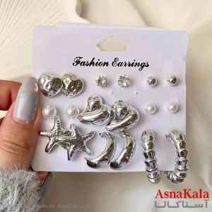 گوشواره پک 9 جفتی مدل قلب و ستاره فانتزی رنگ نقره ای کد GSH151923W