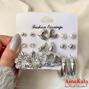 گوشواره پکی 9 جفتی مدل قلب و گل فانتزی رنگ نقره ای کد GSH151924W