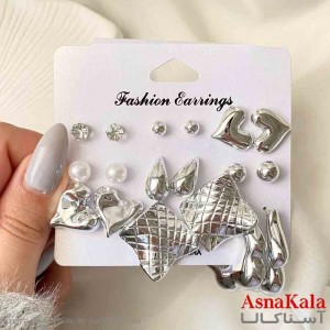گوشواره پکی 9 جفت مدل اشکی فانتزی رنگ نقره ای کد GSH151925W