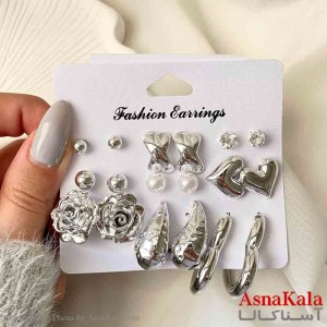 گوشواره زنانه استیل پک 9 جفتی مدل گل و قلب فانتزی رنگ نقره ای کد GSH151926W