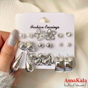 گوشواره زنانه استیل پک 9 جفتی مدل گل و اشک فانتزی رنگ نقره ای کد GSH151928W