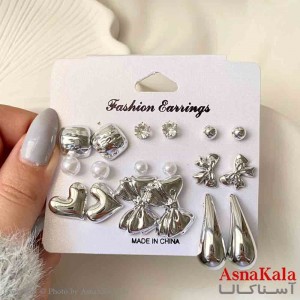 گوشواره زنانه استیل پک 9جفتی مدل قلب و پاپیون فانتزی رنگ نقره ای کد GSH151929W