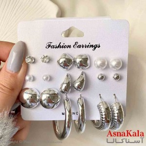 گوشواره زنانه استیل پک 9 جفتی مدل دایره و اشک فانتزی رنگ نقره ای کد GSH151930W