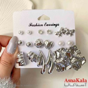 گوشواره زنانه استیل پک 9 جفتی مدل پاپیون و اشکال فانتزی رنگ نقره ای کد GSH151931W