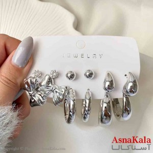 گوشواره زنانه استیل پک 6 جفتی مدل پاپیون و تک نگین فانتزی رنگ نقره ای کد GSH151932W