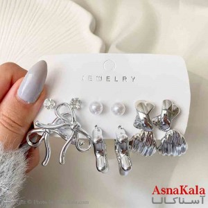 گوشواره پکی 6جفت مدل پاپیون و مروارید  فانتزی رنگ نقره ای کد GSH151933W