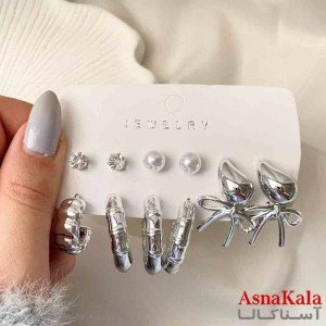 گوشواره زنانه استیل پک 6 جفتی مدل اشک و مروارید فانتزی رنگ نقره ای کد GSH151934W