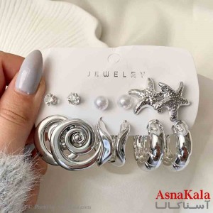 گوشواره پک 6 جفتی مدل ستاره دریایی و مروارید فانتزی رنگ نقره ای کد GSH151935W