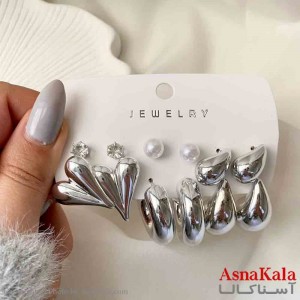 گوشواره زنانه استیل پک 6 جفتی مدل قلب و مروارید فانتزی رنگ نقره ای کد GSH151936W