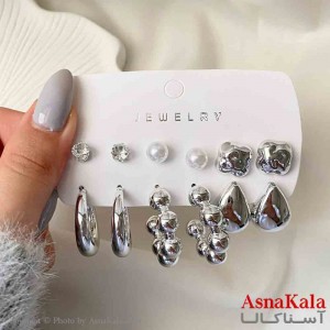 گوشواره زنانه استیل پک 6 جفتی مدل گوی و مروارید فانتزی رنگ نقره ای کد GSH151937W