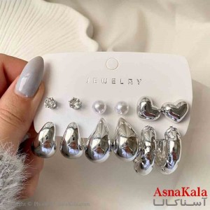 گوشواره زنانه استیل پک 6جفتی مدل اشک و قلب فانتزی رنگ نقره ای کد GSH151938W