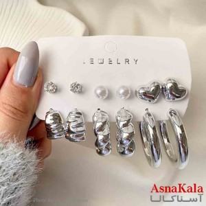 گوشواره زنانه استیل پک 6 جفتی حلقه و قلب  فانتزی رنگ نقره ای کد GSH151939W