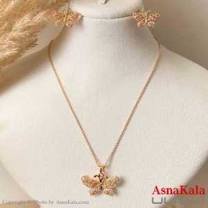 نیم ست زنانه ژوپینگ مدل پروانه نگیندار شامل گوشواره و آویز رنگ طلایی کد NIM14980W