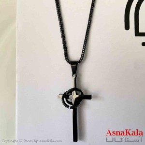 گردنبند صلیب و حلقه استیل رنگ مشکی کد GNB161850W