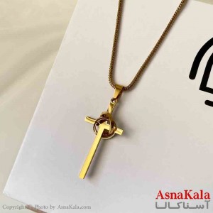 گردنبند صلیب و حلقه استیل رنگ طلایی کد GNB161851W