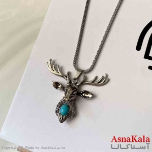 گردنبند اسپورت مدل گوزن و نگین فیروزه ای ورشو  رنگ نقره ای کد GNB161858W