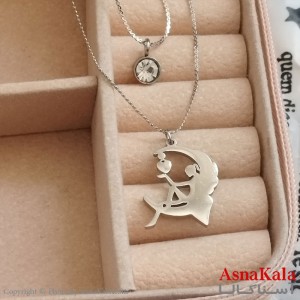 گردنبند دولاین فرشته در ماه نقره ای دخترانه استیل کد GNB162180W