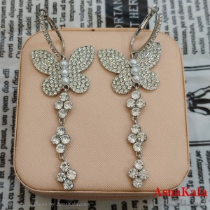 گوشواره جواهری مدل آویز نگیندار رنگ نقره ای کد GSH152156W