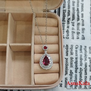 گردنبند استیل زنانه قطره  جواهری نگین قرمز کد GNB162359W