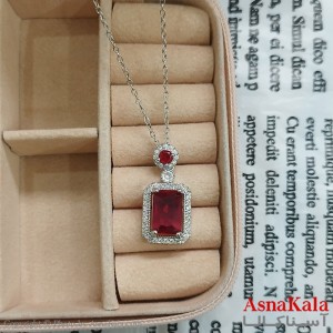 گردنبند استیل زنانه مستطیل جواهری نگین قرمز کد GNB162361W
