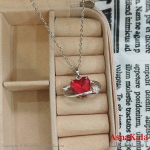 گردنبند استیل زنانه قلب جواهری نگین قرمز کد GNB162362W