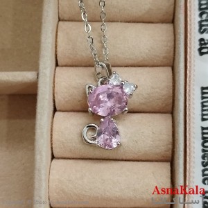 گردنبند استیل دخترانه مدل گربه نگین صورتی کد GNB162383W