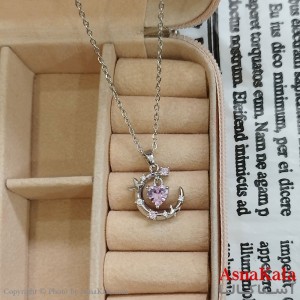 گردنبند استیل زنانه ماه و قلب نگین صورتی کد GNB162385W