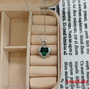گردنبند استیل زنانه قلب پنهان نگین سبز کد GNB162392W