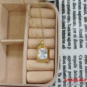 گردنبند استیل زنانه مربع سه بعدی نگین سفید کد GNB162393W