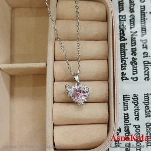 گردنبند استیل زنانه قلب و پروانه نگین صورتی کد GNB162394W
