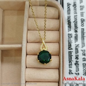 گردنبند استیل زنانه تک نگین سبز کد GNB162396W