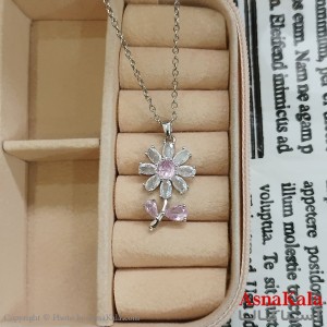 گردنبند استیل زنانه گل نگیندار نگین صورتی کد GNB162405W