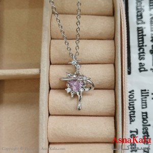گردنبند استیل زنانه قلب  نگین صورتی  کد GNB162416W