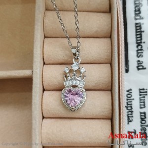 گردنبند استیل زنانه قلب و تاج  نگین صورتی  کد GNB162417W