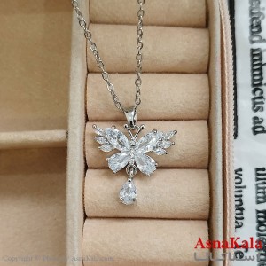 گردنبند استیل زنانه پروانه  نگین سفید کد GNB162418W