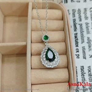 گردنبند استیل زنانه اشکی جواهری  نگین سبز کد GNB162421W