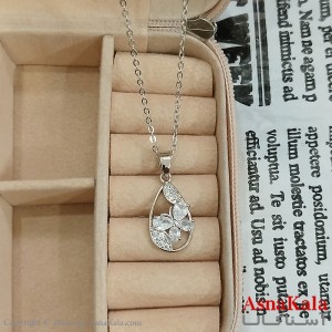 گردنبند استیل زنانه پروانه و اشک جواهری  نگین سفید  کد GNB162423W