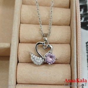 گردنبند استیل زنانه دو قو جواهری  نگین صورتی کد GNB162428W