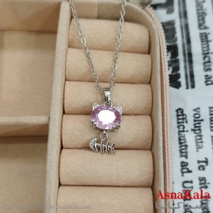 گردنبند استیل زنانه گربه و ماهی نگین صورتی کد GNB162431W
